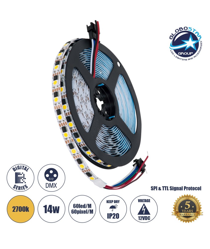 GLOBOSTAR® DIGIPRO 90603 Ψηφιακή Pixel Addressable Ταινία LED 14.4W-m 1296lm-m 120° DC 12V IP20 60 x SMD5050 Chip-m 60 x Pixel-m Θερμό Λευκό 2700K Dimmable SPI-TTL Protocol IC TM1908 - Sanan SMD Chip - Μ500 x Π1 x Υ0.2cm - Ρολό 5 Μέτρων - 5 Χρόνια Εγγύηση